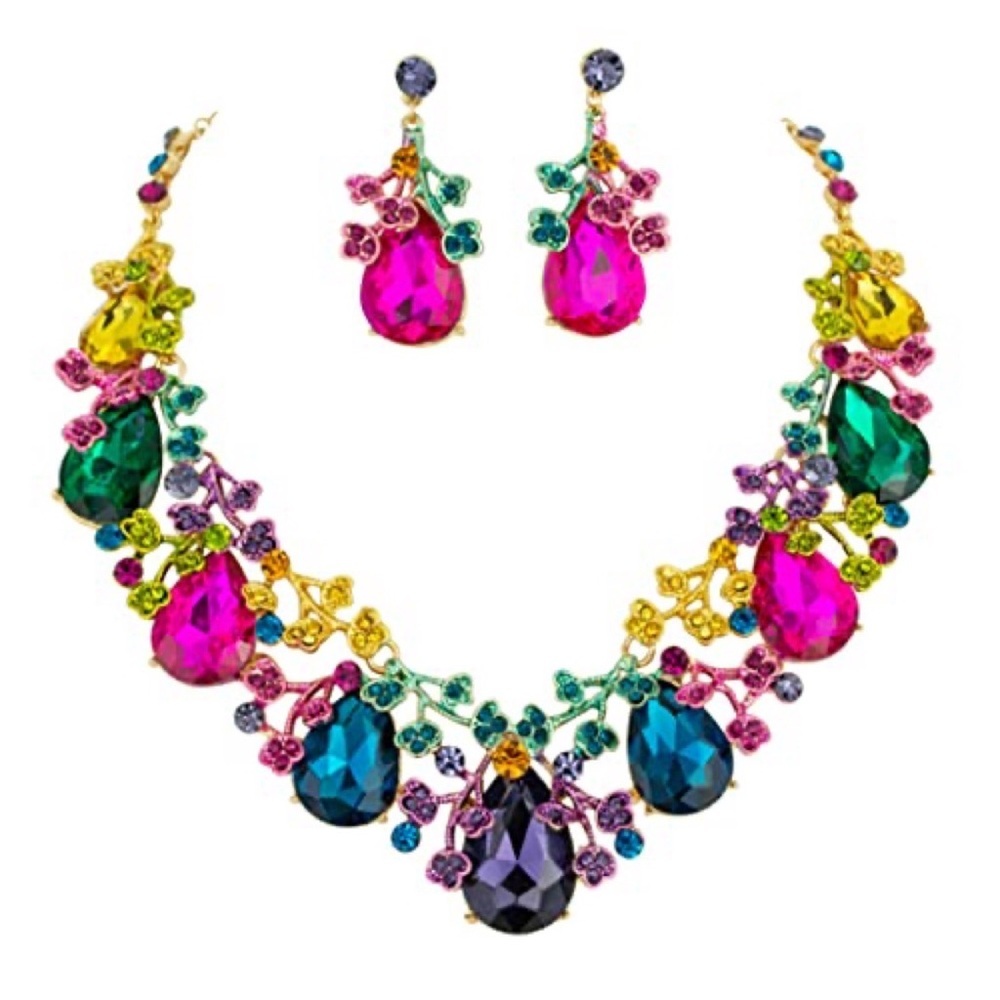 Mesmerizing Colored Crystal Teardrop 3D Metal Vine Statement Necklace Earrings